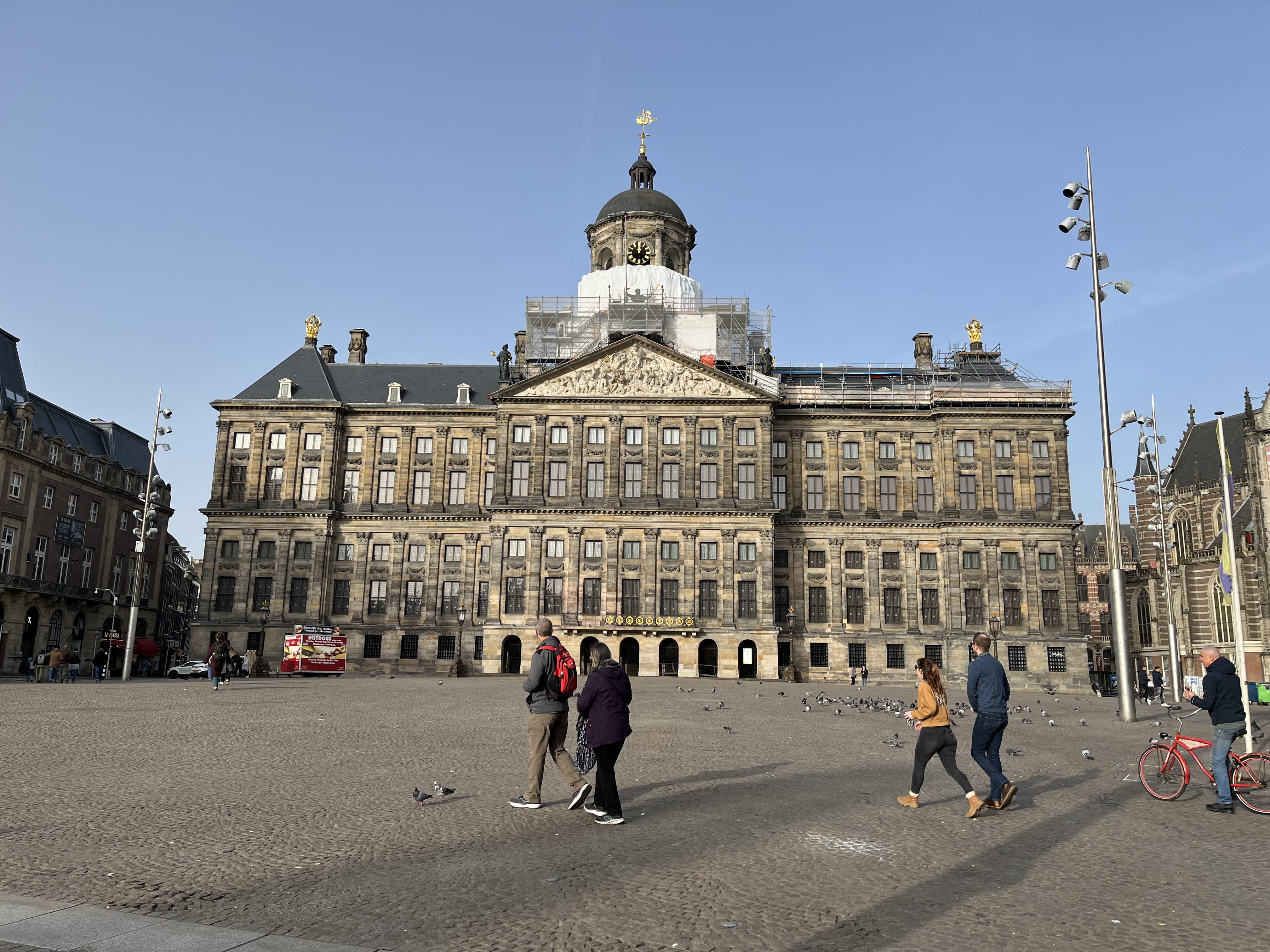 The Royal Palace on Dam Square in Amsterdam, a large historic stone building with classical architecture
