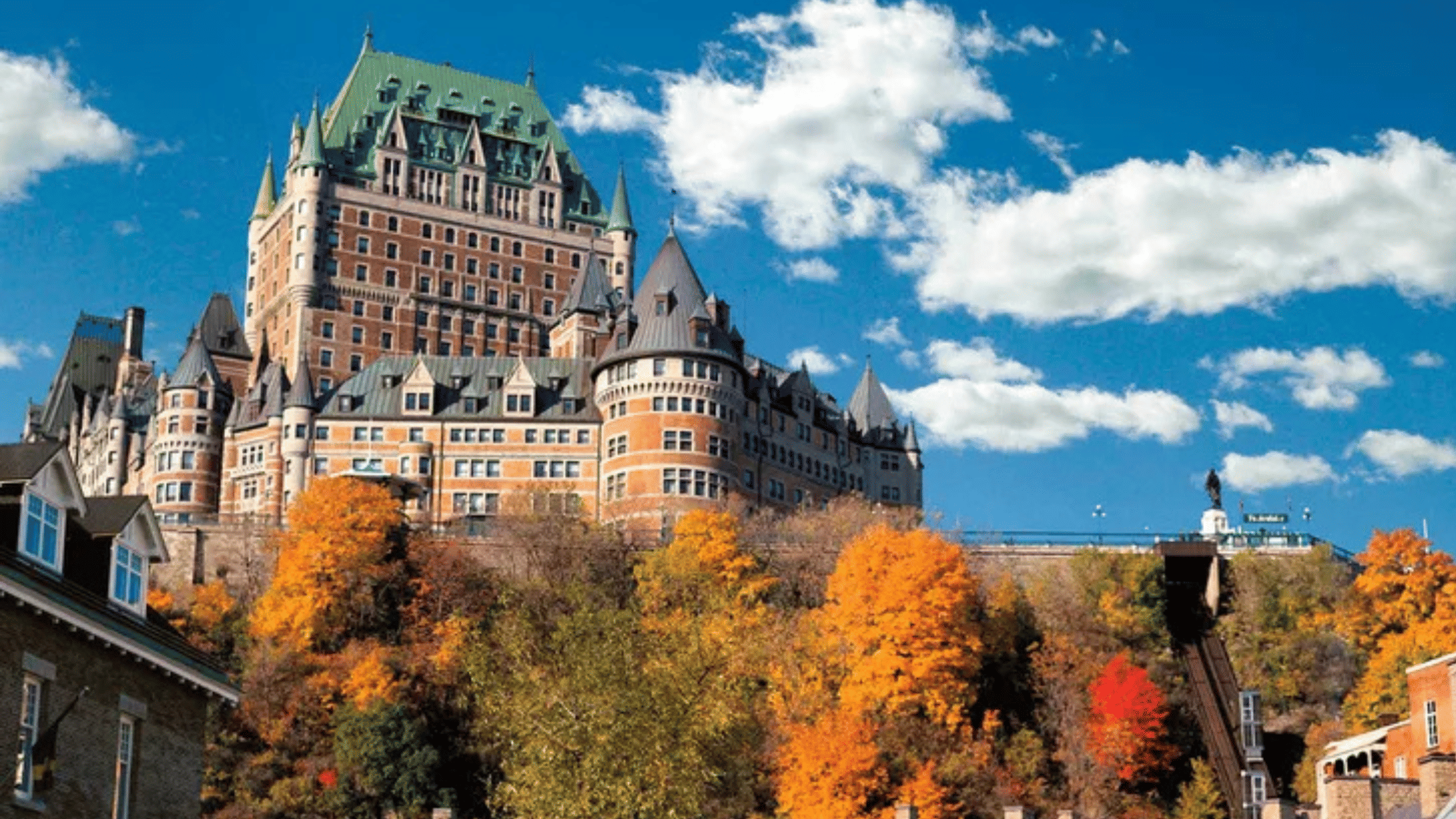 Old Quebec street in fall with colorful autumn trees