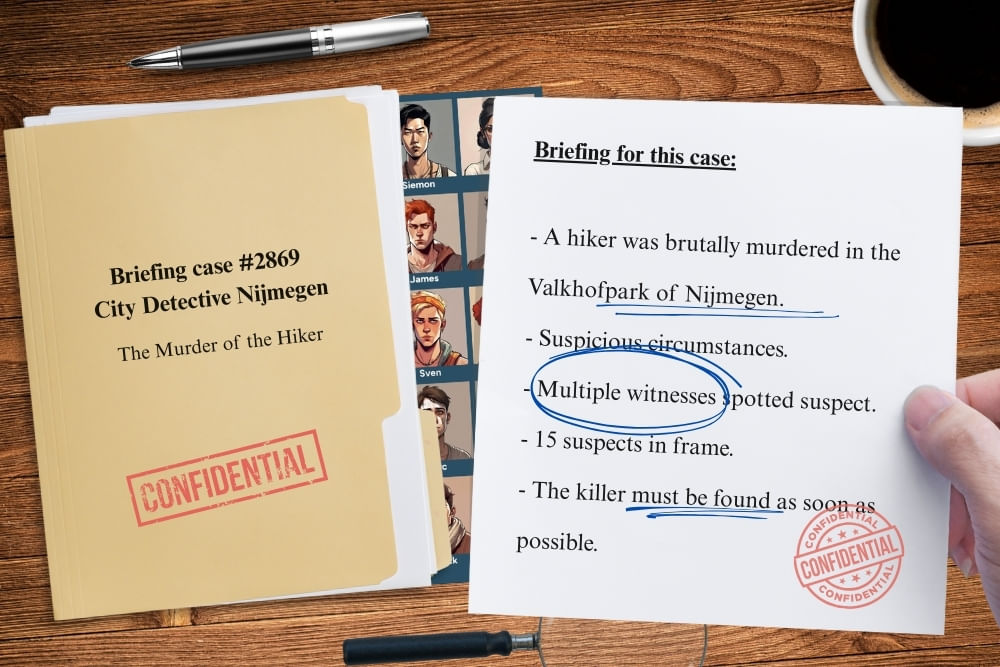 Dossier-style game briefing for the Nijmegen scavenger hunt City Detective.