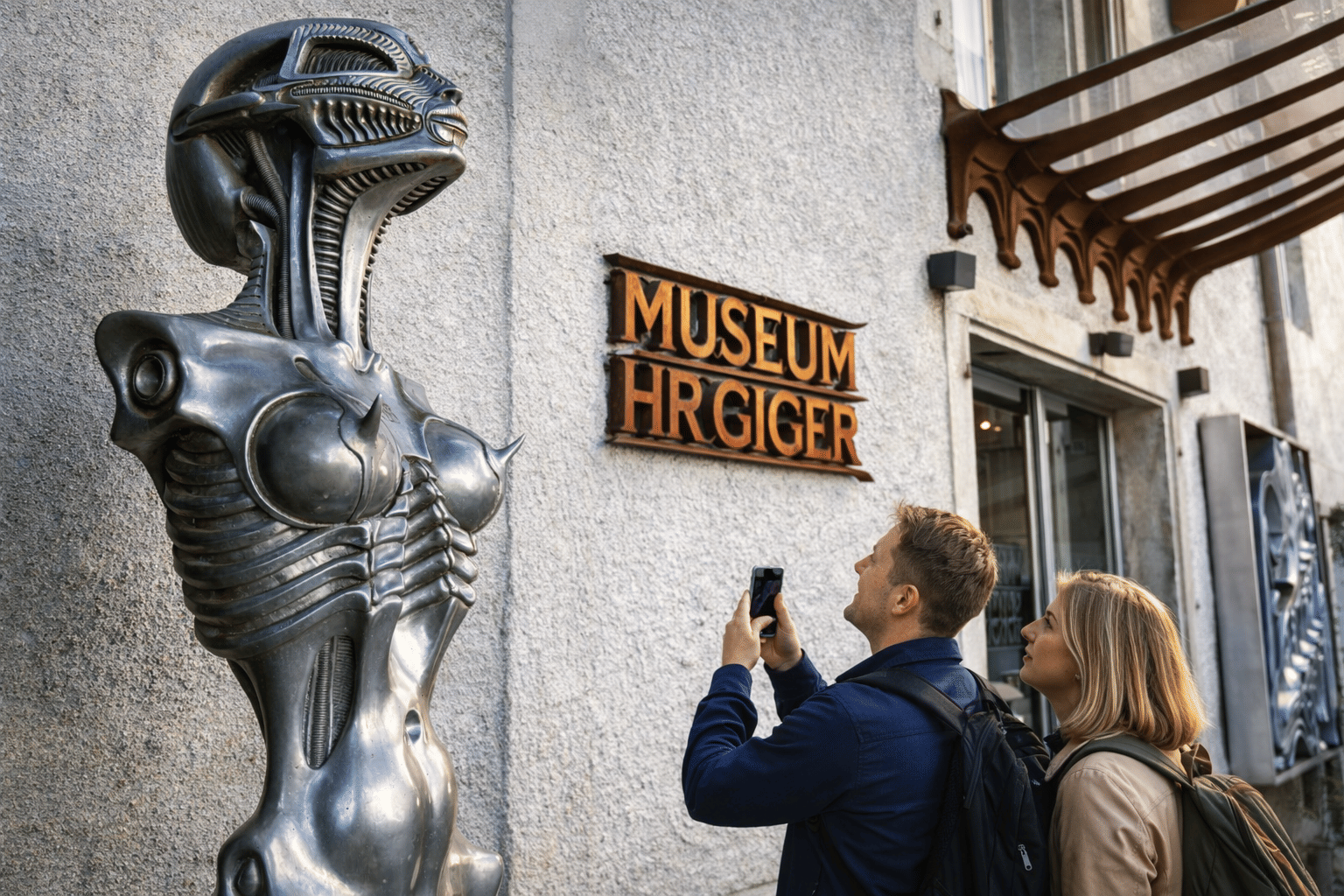 A couple standing and taking photos of the entrance of HR Giger museum  