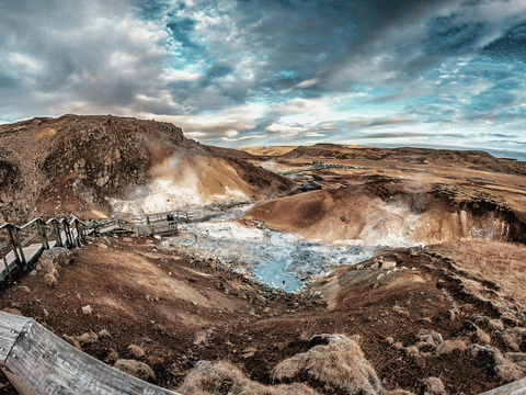 Vapour rising from the hotsprings in Seltún geothermal area