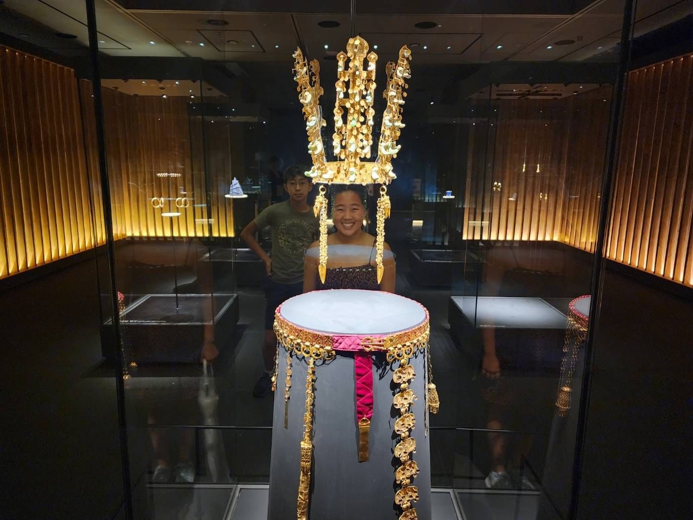 A Silla-era gold crown displayed inside the Gyeongju National Museum.