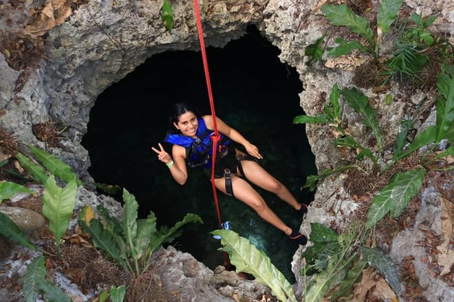 Aventura en cenote Yaxmuul Ceremonia y rapel del chamán maya