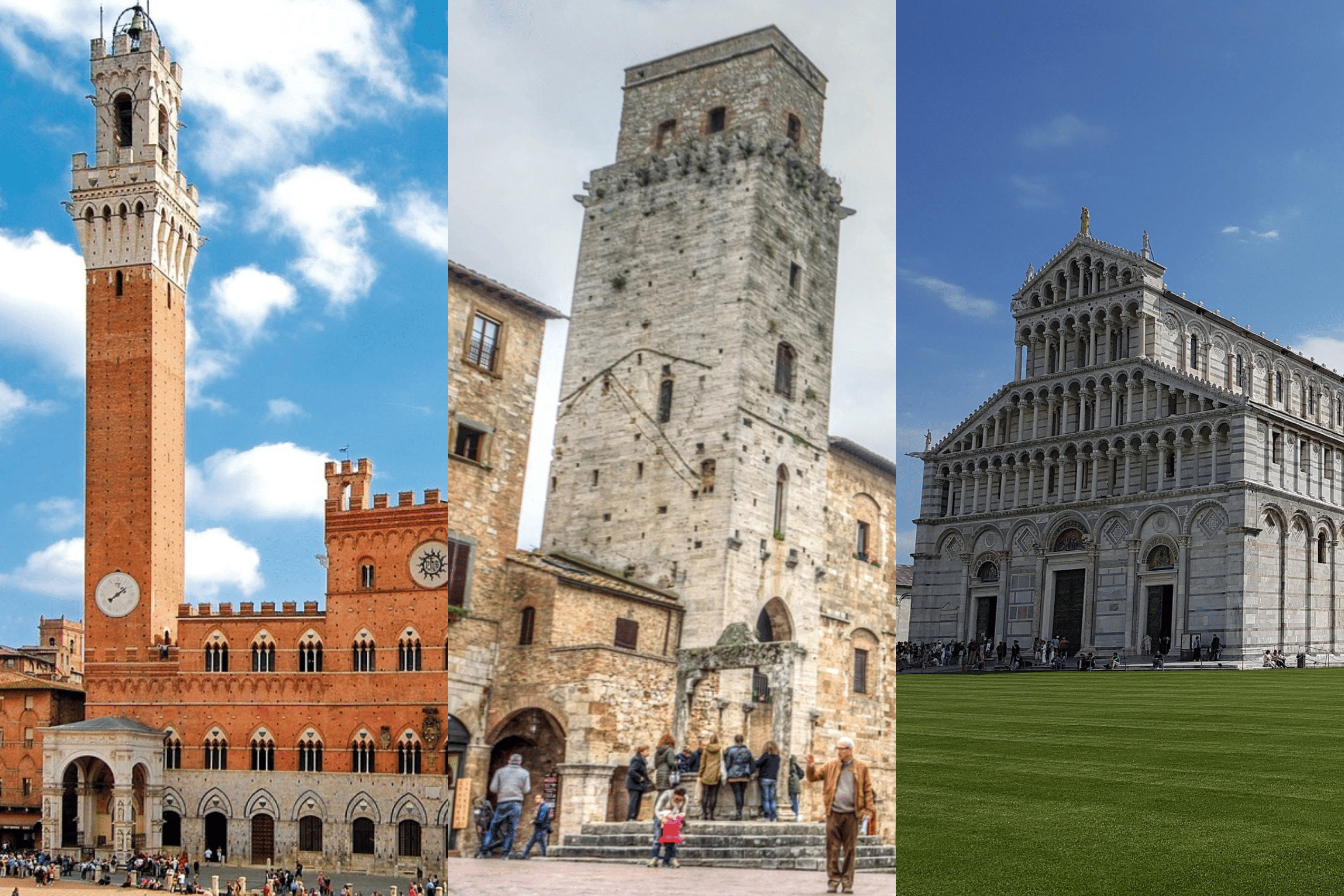 Picture with three details from Siena (left), San Gignano (middle) and Pisa (right)