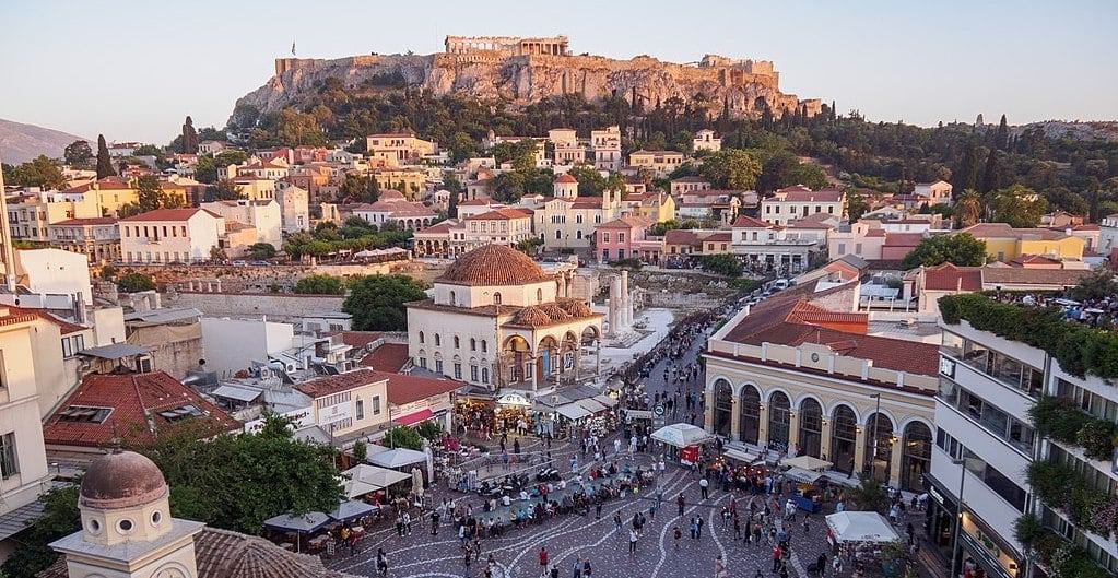 Vibrant Monastiraki Square, a popular destination on our Athens transfers