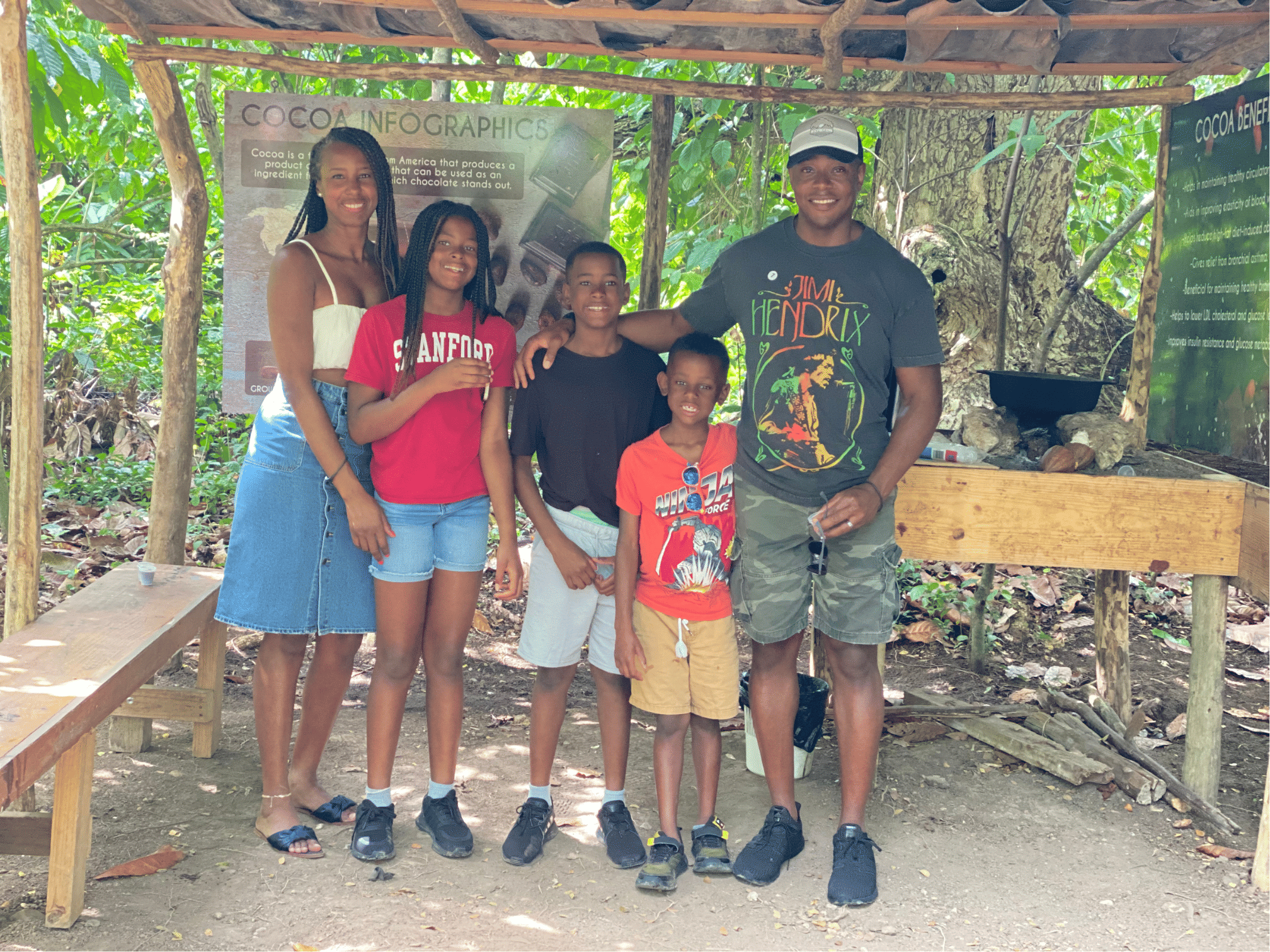 Turistas debajo de una choza en una plantación de cacao en la zona rural de Punta Cana