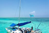 Clean and open-air catamaran offering panoramic ocean views and easy access to the water.