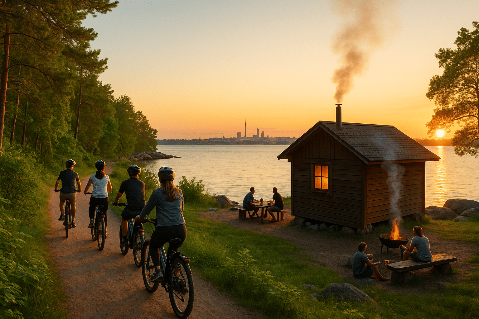 This image depicts a scenic sunset view along a lakeside path. The path is lined with tall trees, creating a peaceful, forested atmosphere. 