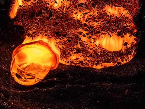 Close-up view of glowing molten lava during a live Lava Show presentation in Reykjavík, Iceland.