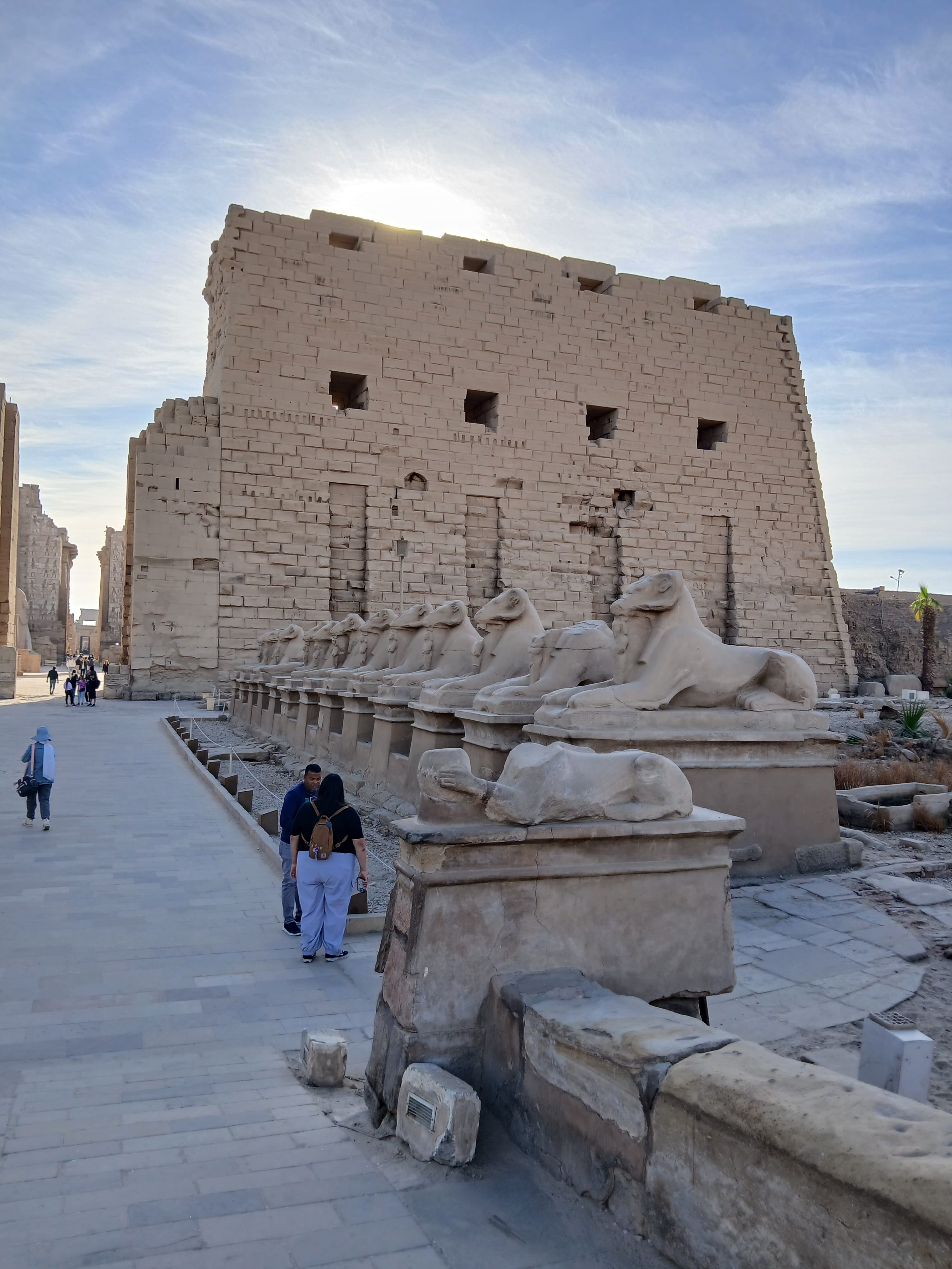 A perfect alignment of ram sphinxes at the entrance of Karnak Temple