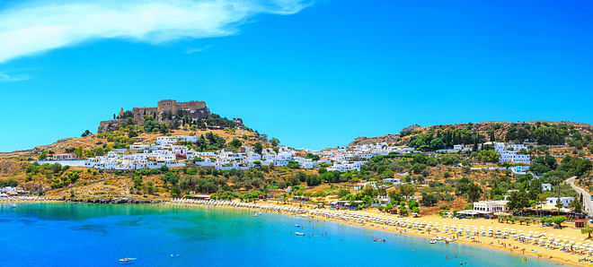 Panoramic view of Lindos Bay, Rhodes, Greece
