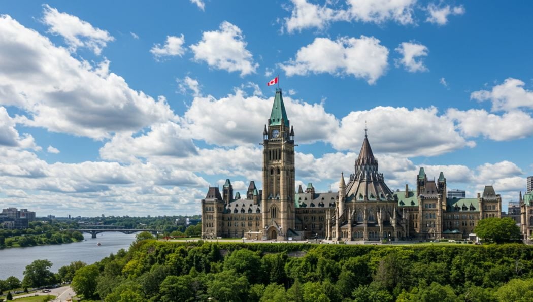 Parliament Hill and the Peace Tower overlooking the Ottawa River on a sunny summer day.
