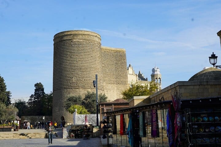 Sunset over Baku -City skyline-Caspian Sea views-Night photography in Baku-Aerial view of Flame Towers