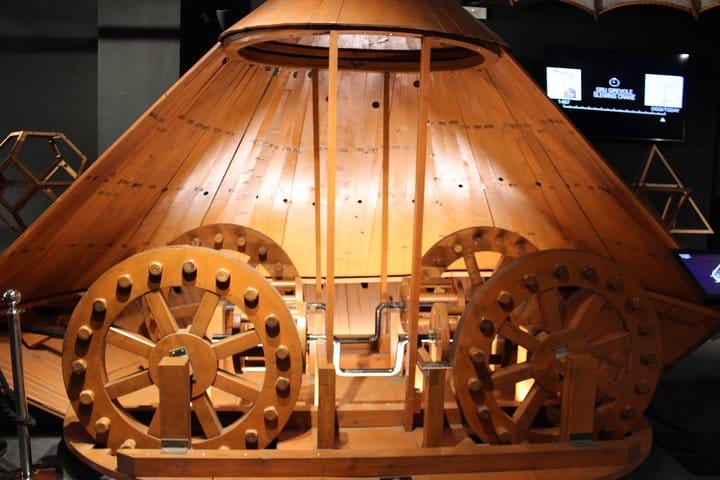 Close-up of an invention on display in the Museo Leonardiano