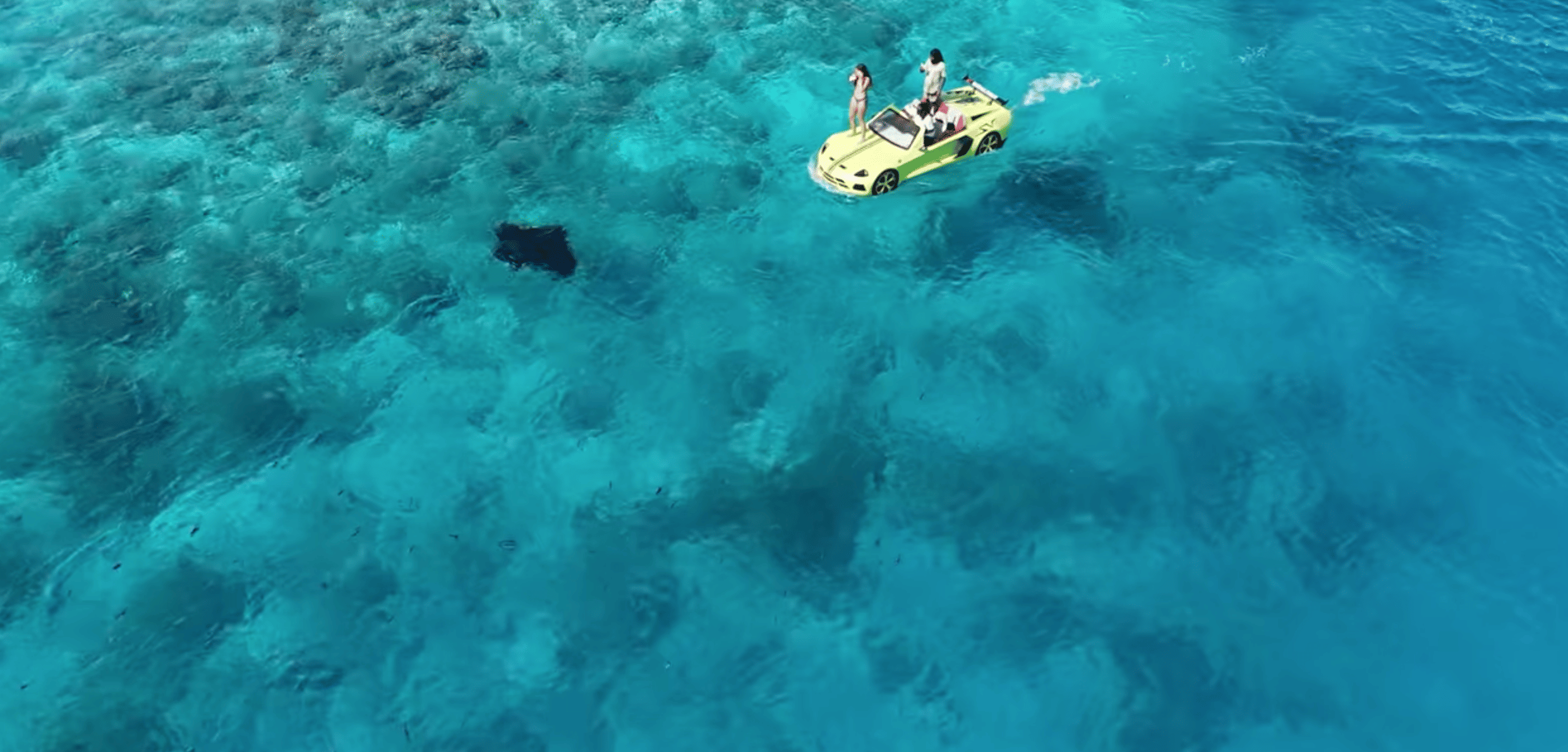 A drone shot of a group of friends spotting a manta ray while riding a jet car in the Maldives.