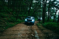 Exploring Montenegro’s forest trails by Jeep, driving through lush hillsides with views overlooking the Bay of Kotor.