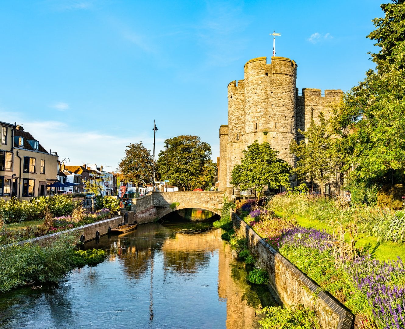 The medieval Westgate towers and the River Stour in Canterbury