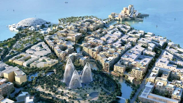 An aerial rendering shows a coastal urban development with a cluster of wing-like towers surrounded by trees in the foreground, adjacent to waterways and modern architecture at Zayed National Museum, Abu Dhabi.