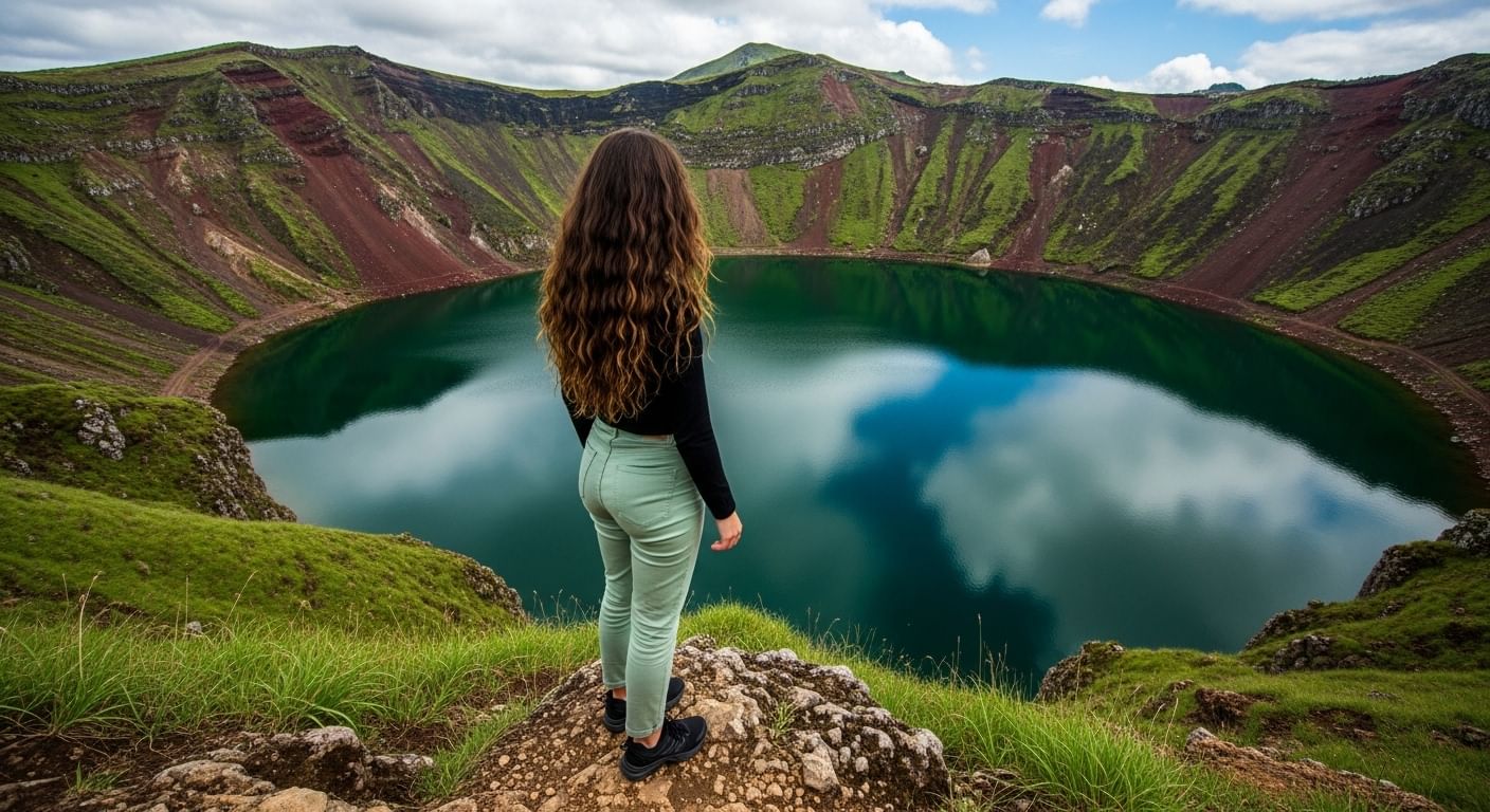 A traveler stands on the rim of the Kerið volcanic crater, with its striking red rock walls and deep blue-green lake below.