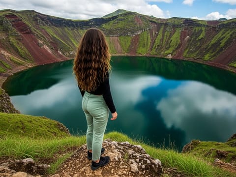 A traveler stands on the rim of the Kerið volcanic crater, with its striking red rock walls and deep blue-green lake below.
