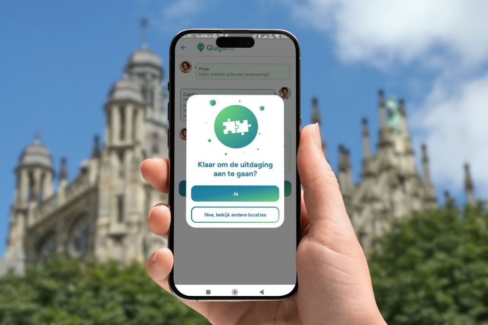 Phone showing the app interface of the Den Bosch City Detective game in front of Sint Janskathedraal.