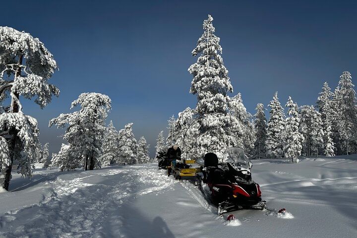 Northern Lights over the frozen landscape during StayLapland’s Northern Lights Tour Snowmobile Driving in Rovaniemi.