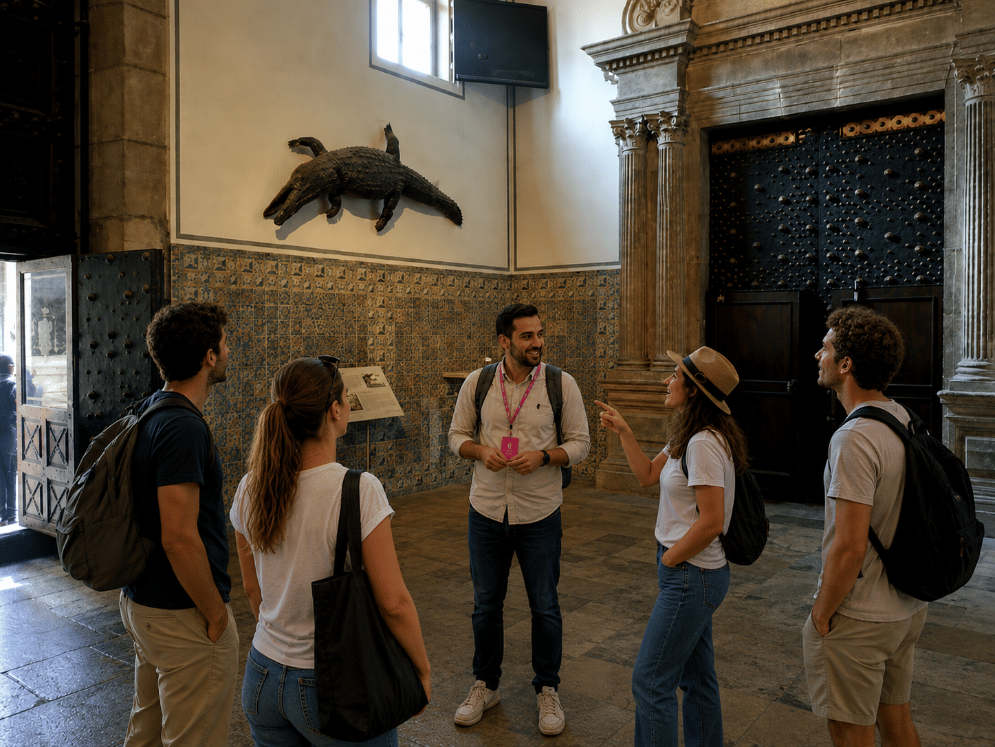 Tour guide explaining a historic legend inside the Patriarca Church in Valencia beside the famous suspended crocodile