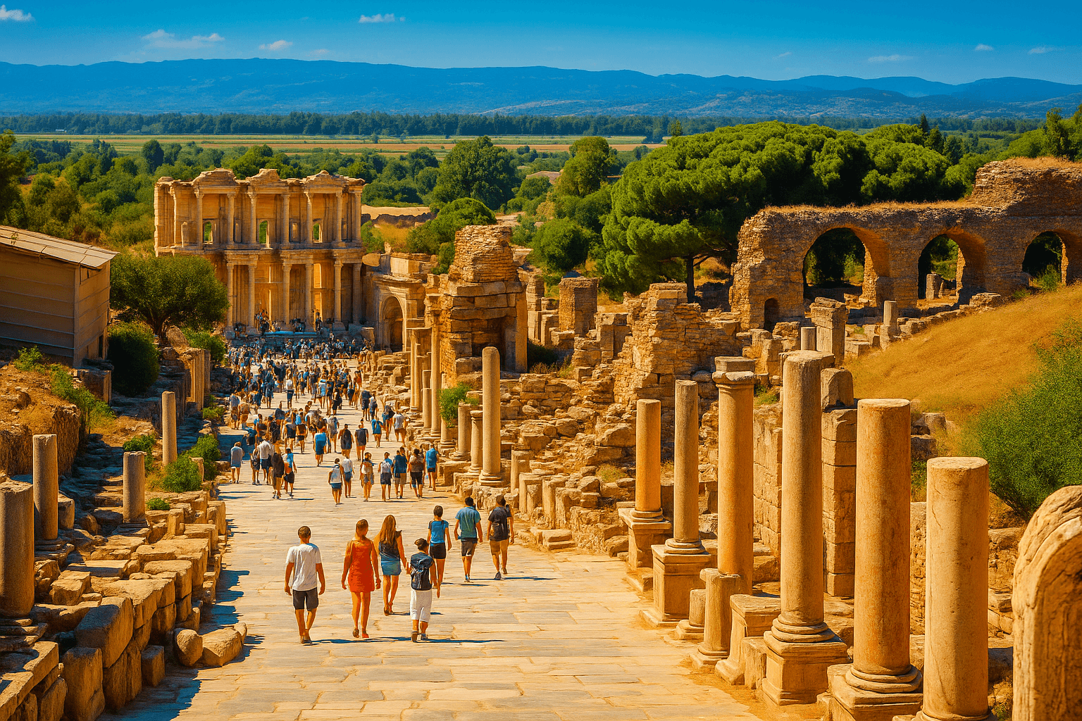 Tourists walk along the ancient marble road leading to the historic Library of Celsus.