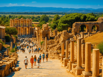 Tourists walk along the ancient marble road leading to the historic Library of Celsus.