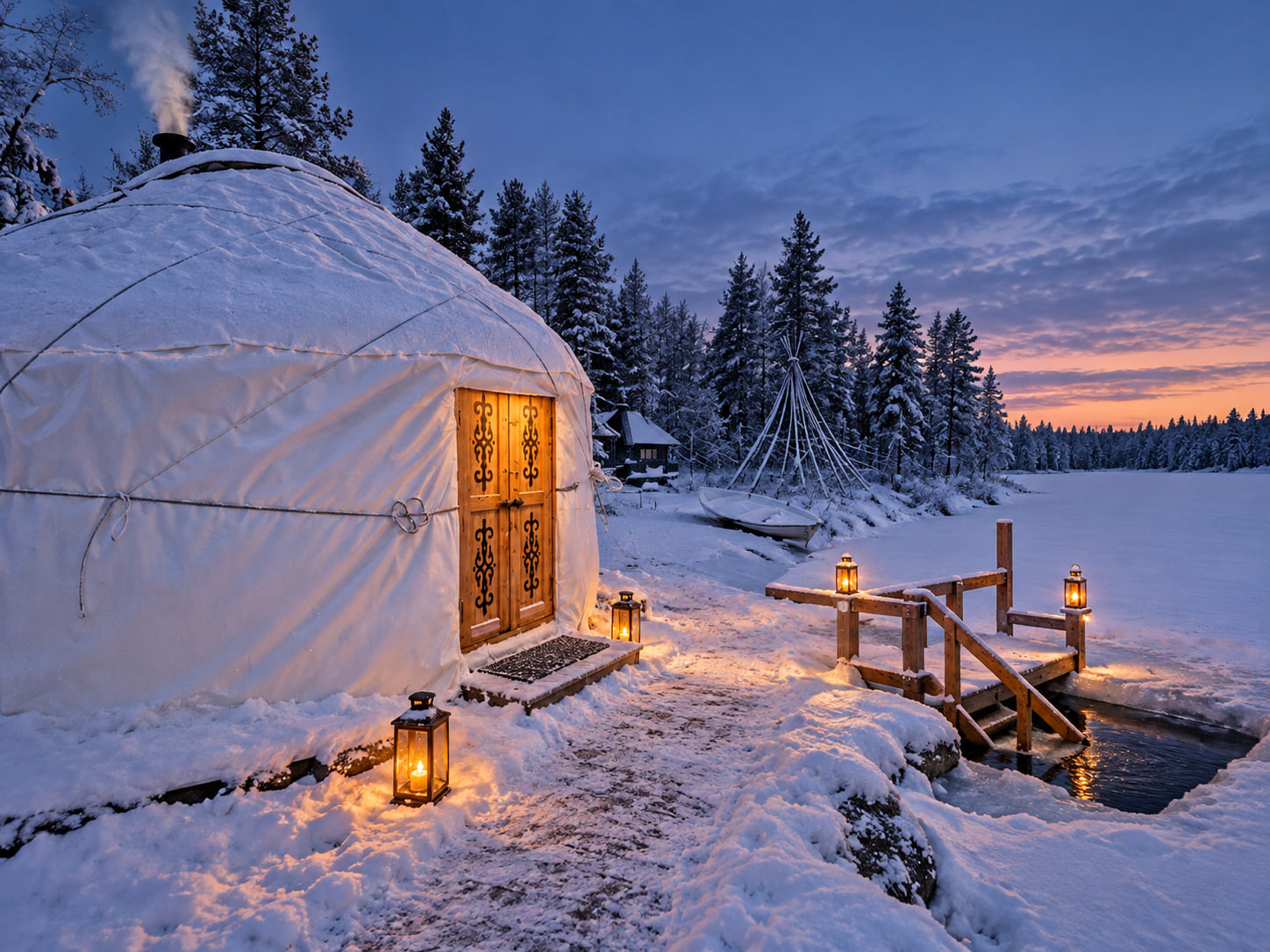 Snow-covered yurt sauna beside a frozen lake at dusk, with a warmly lit entrance and steps leading to an ice-swimming hole.