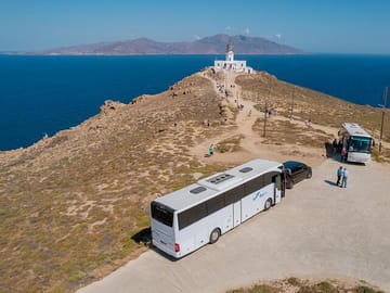 Admire stunning views from Armenistis Lighthouse, one of Mykonos’ top photo stops with panoramic scenery over the Aegean Sea.