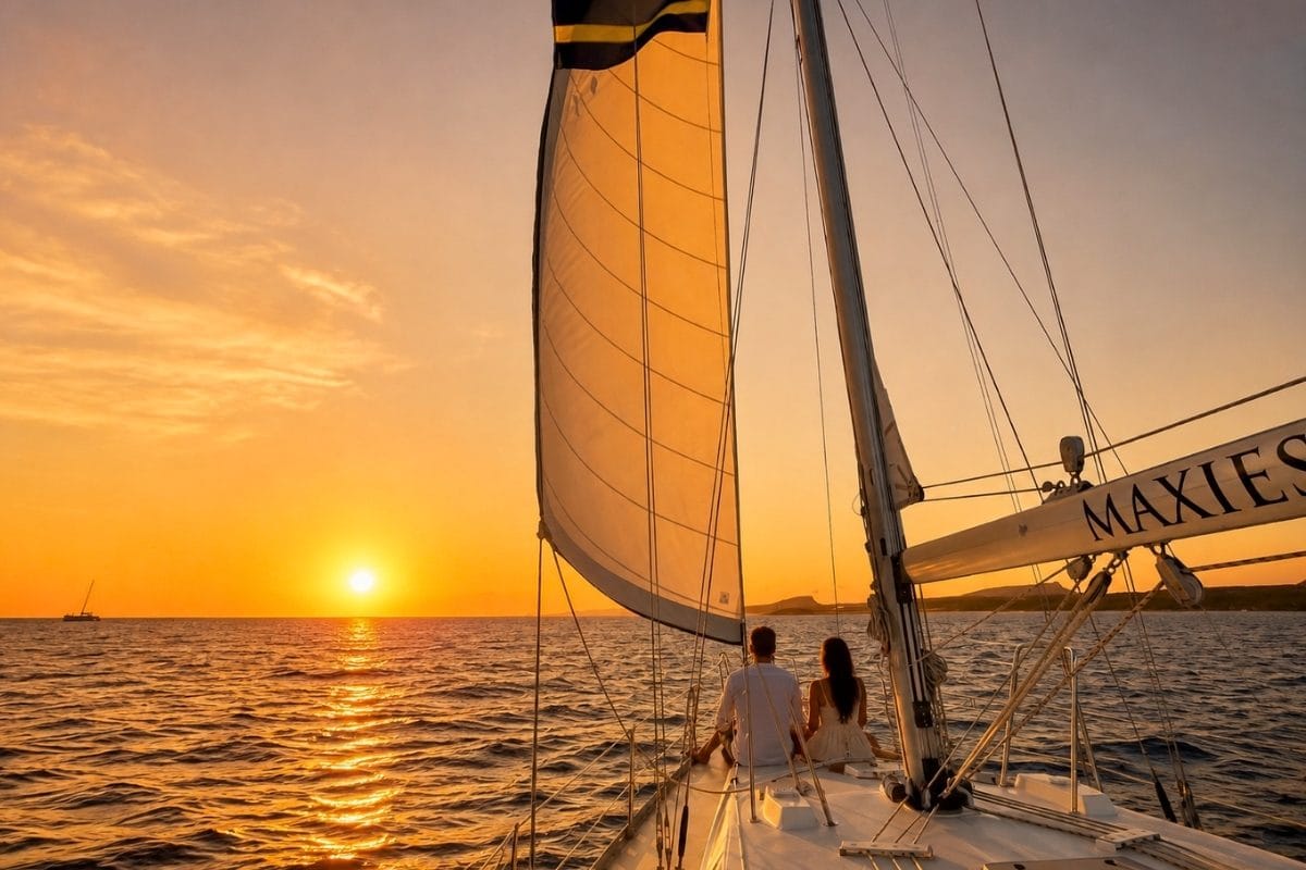couple enjoying Curacao sunset on sailing yacht galaxie