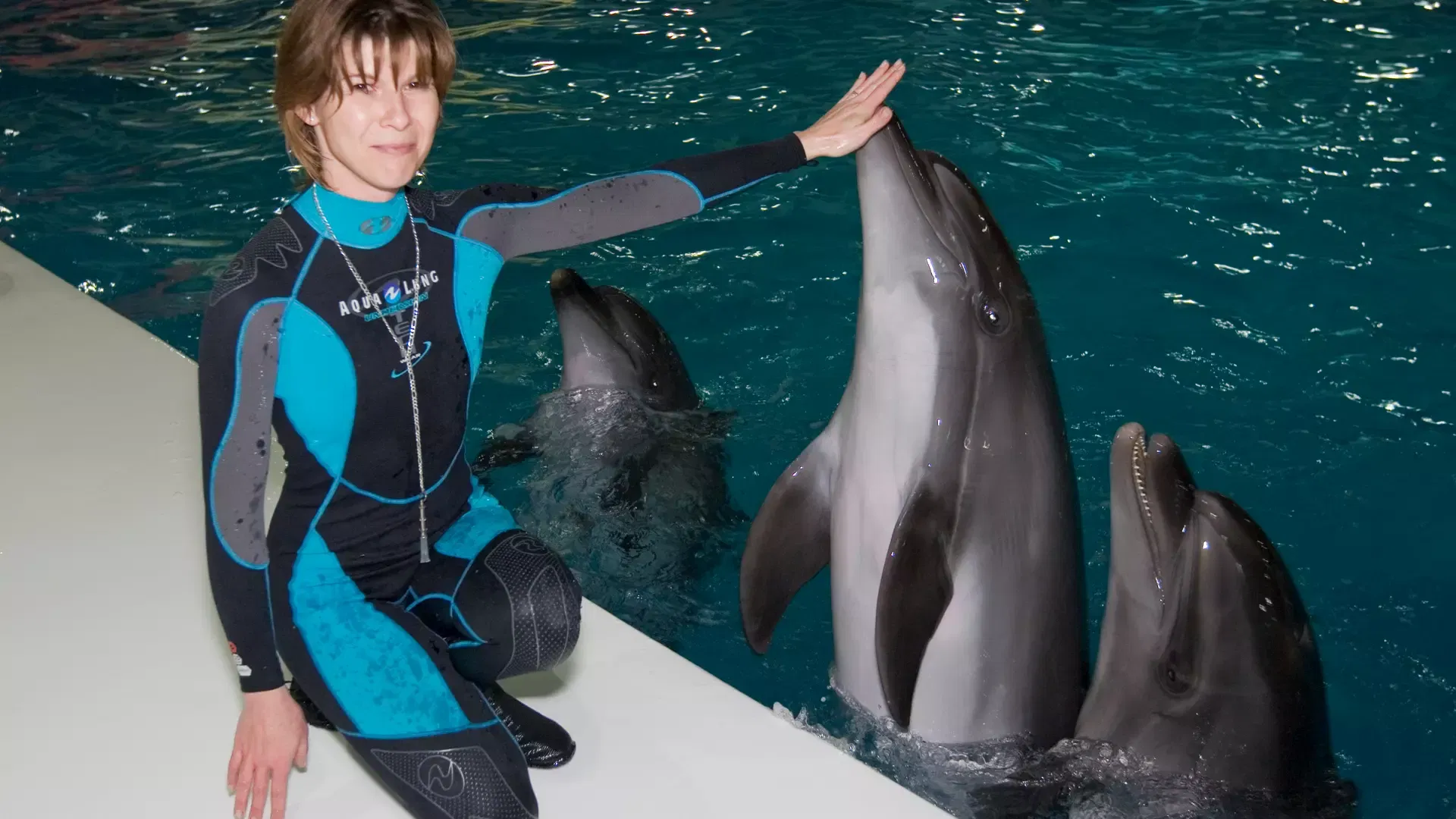 A trainer kneels by a pool, touching the snout of a dolphin that rises from the water, accompanied by two others at Dubai Dolphinarium.