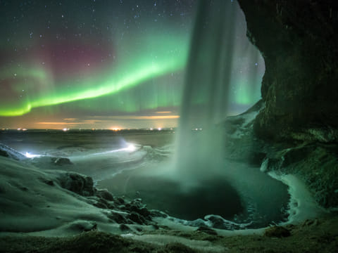 Waterfall with Northern Lights