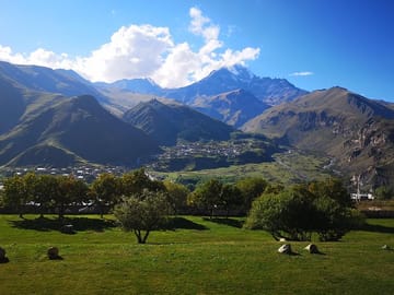 View to Gergeti Church and Kazbegi Mountain