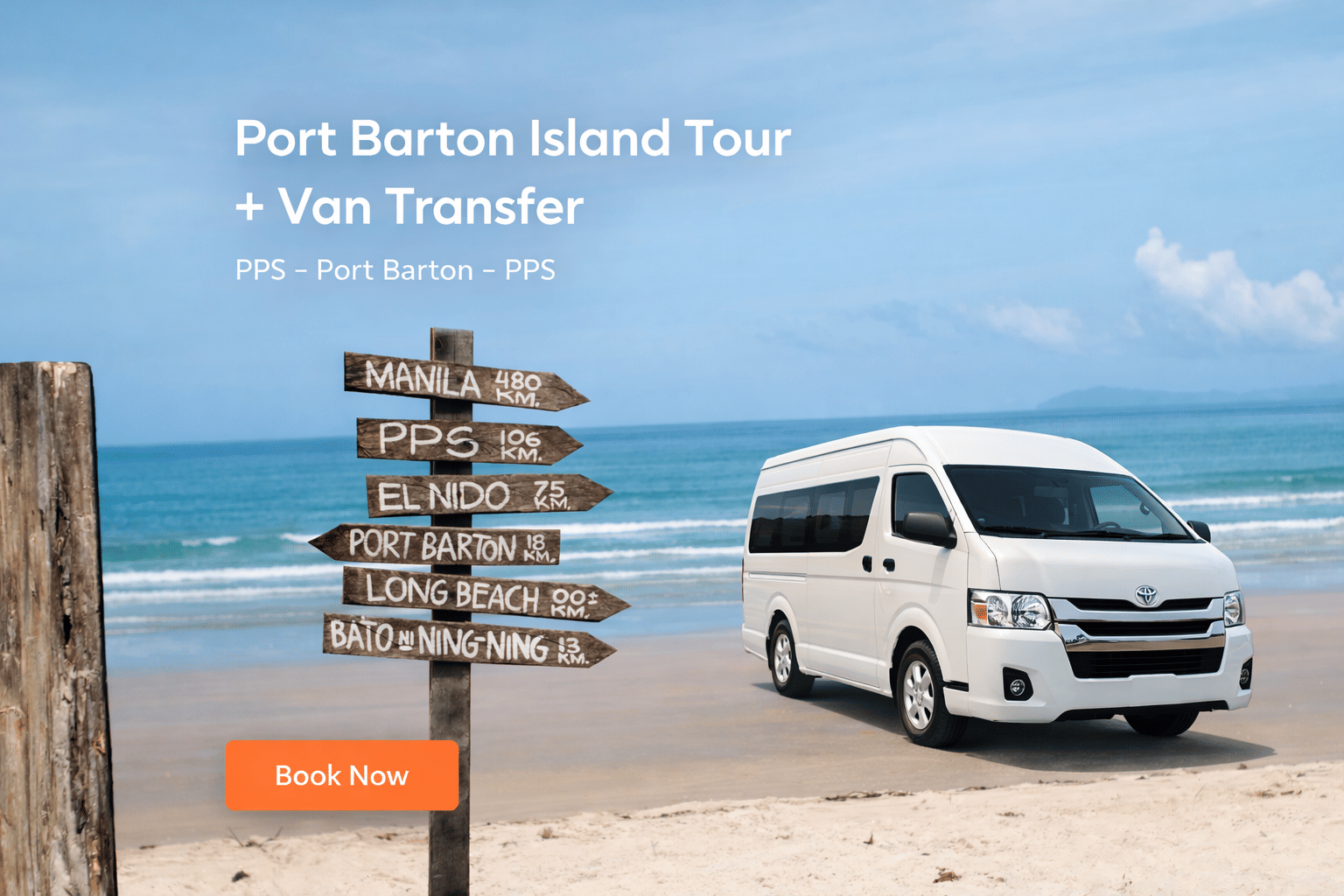 Day tour van ride through countryside roads heading toward Port Barton’s coastal islands