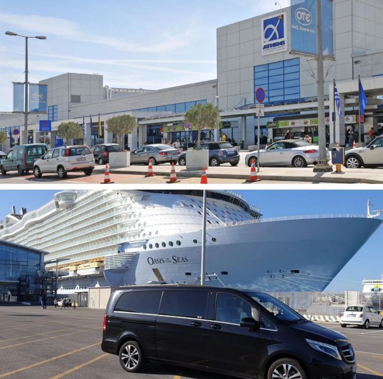 Driver meeting passenger at Piraeus Port for private transfer to Athens Airport