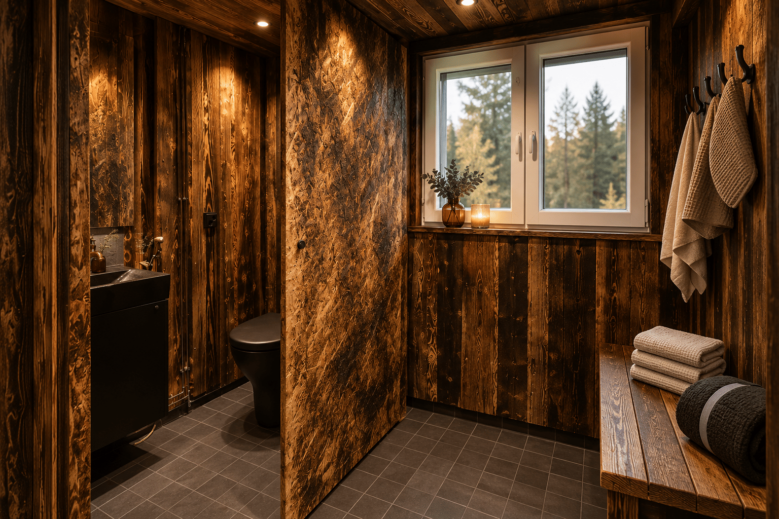 Warm private changing room with dark Finnish timber walls, bench, towels and WC facilities