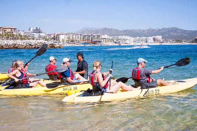 Group kayak tour cabo san lucas sea of cortez beach kayaking los cabos guided tour baja california sur mexico ocean adventure