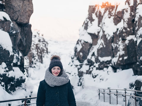 Walking down Almannagjá fault at Thingvellir National Park