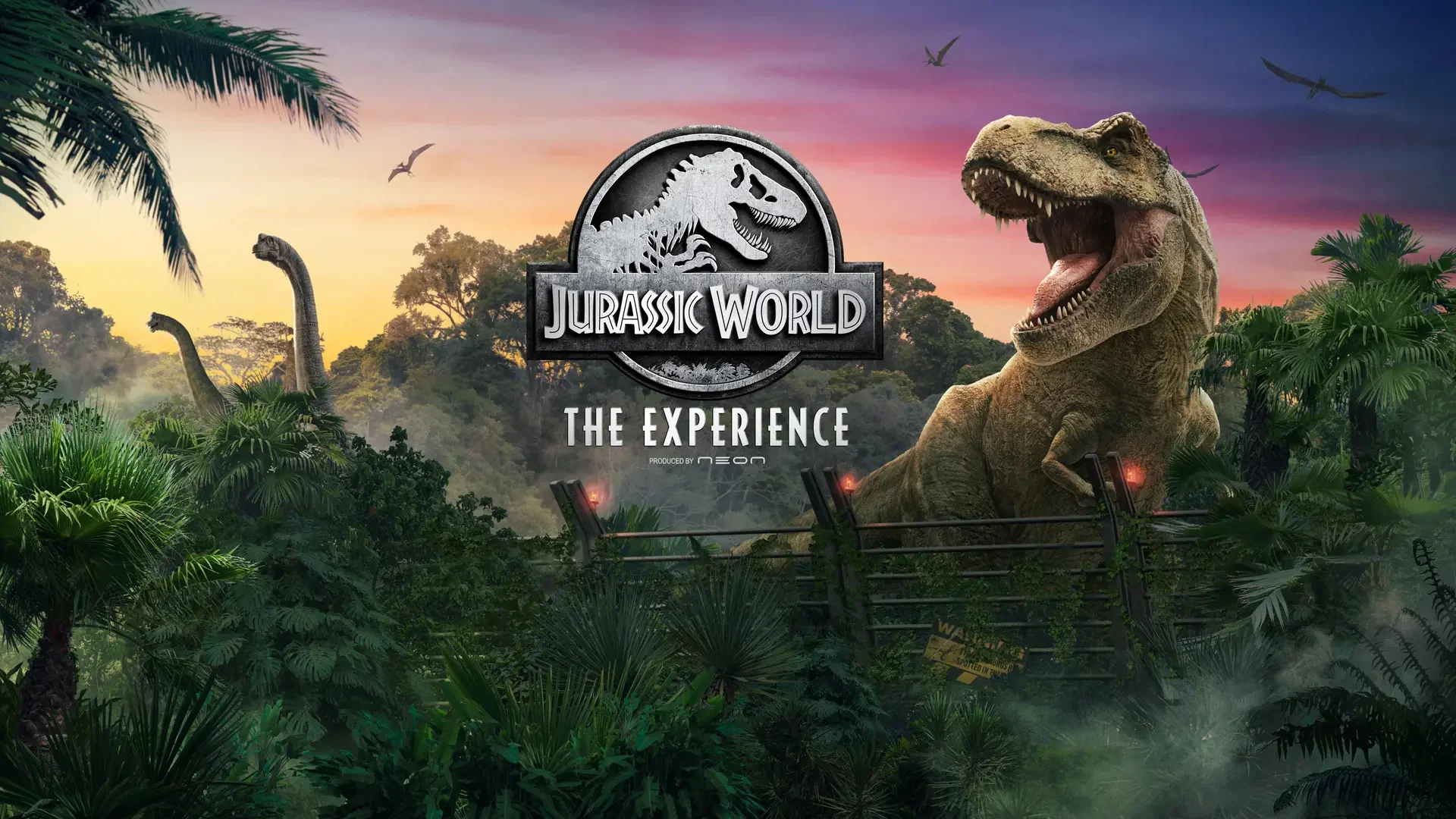 A Tyrannosaurus rex roars behind a metal fence, with two long-necked dinosaurs visible in the background against a sunset sky at Jurassic World: The Experience Bangkok Ticket.