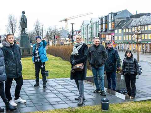 A group of guests walking through downtown Reykjavik