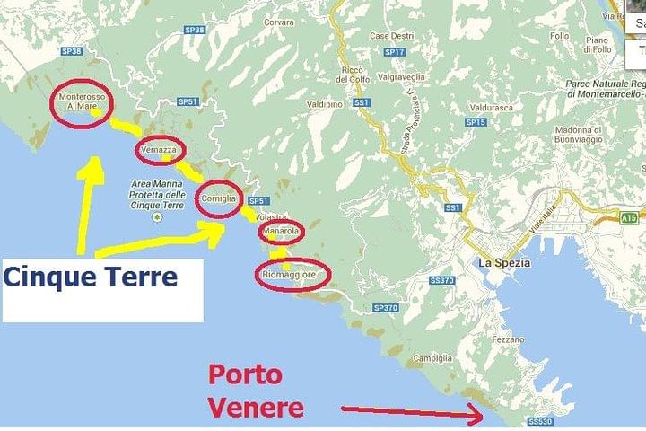 Map of the itinerary of the tour that will include stops at Vernazza, Monterosso, Corniglia, Manarola and Riomaggiore