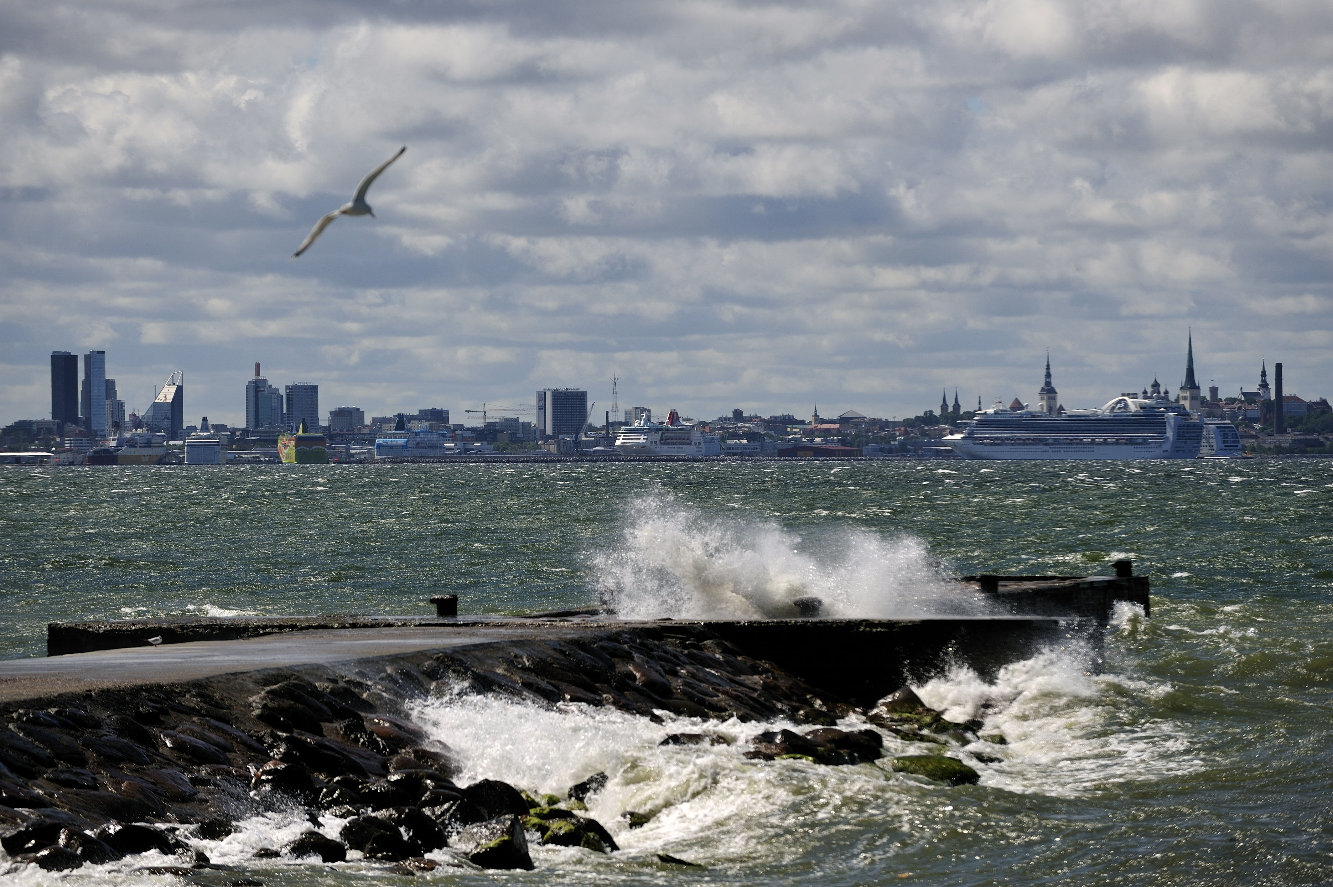 View to silhouette of Tallinn Old Town and city centre from the bay side