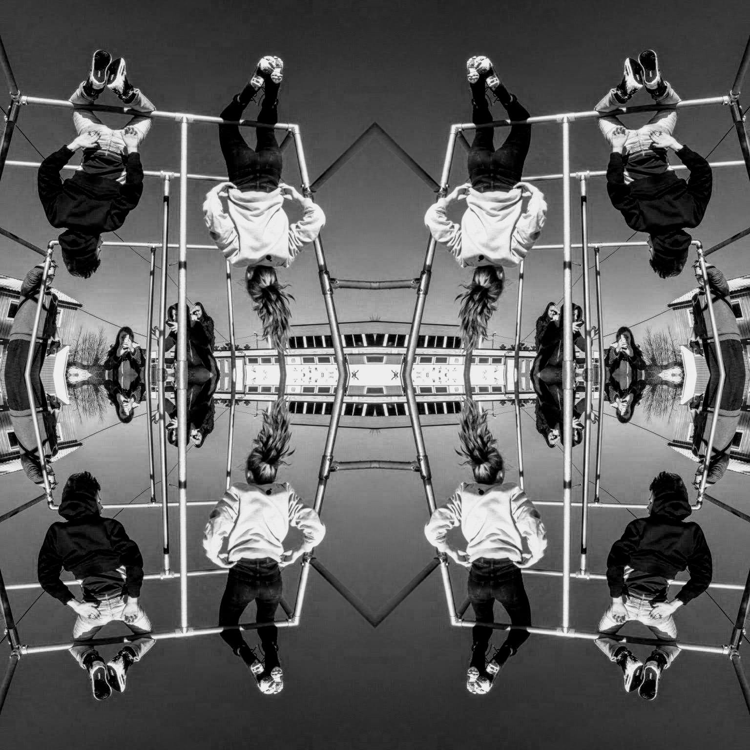 Mirrored black-and-white street montage showing experimental photography in Bergen.