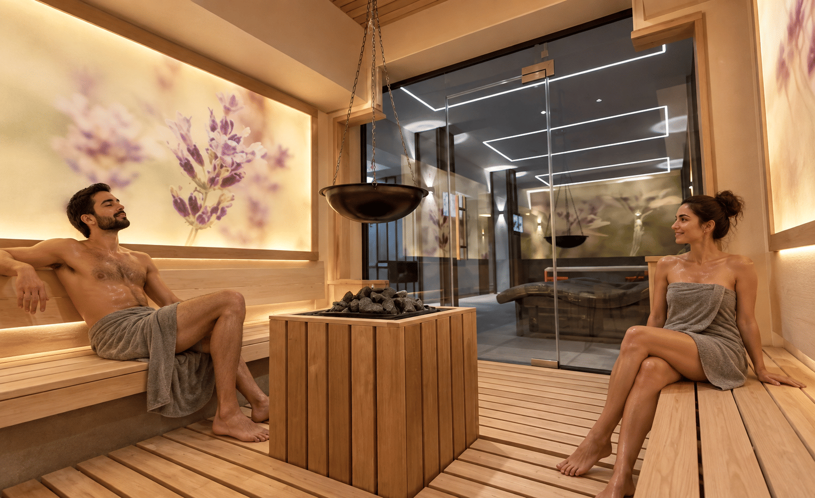 man and woman relaxing in a sauna in Plovdiv Spa center