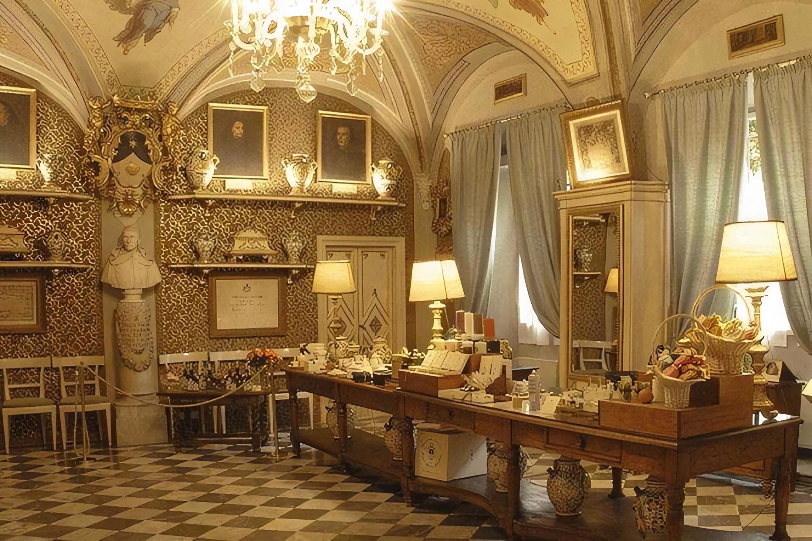 View of one of the halls of Officina Profumo Farmaceutica with products on display 