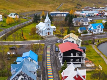The charming town of Seyðisfjörður from the air.