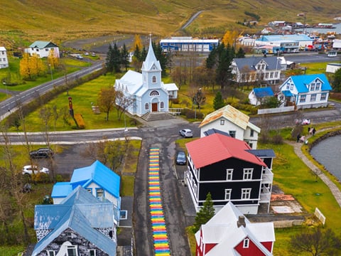 An aerial shot of the town of Seyðisfjörður