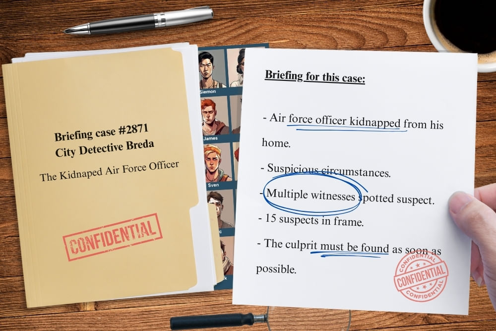 Dossier-style game briefing for the Breda scavenger hunt City Detective.